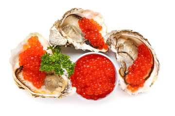 Tasty oysters with red caviar on white background