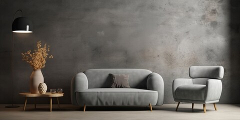 Industrial style interior with gray sofa and gray armchair on dark cement wall, Generative AI