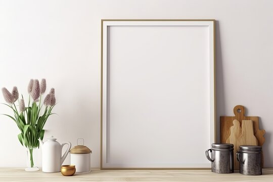 Mock up poster frame in kitchen interior with white wall, Generative AI
