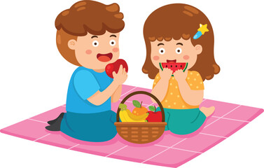 illustration cartoon kid boy and girl picnic on the park