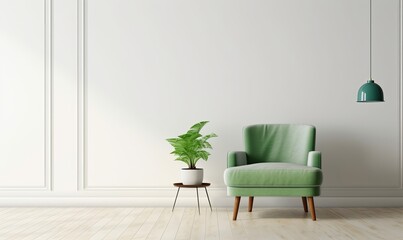 White minimalist interior living room has a green armchair on empty white color wall background, Generative AI