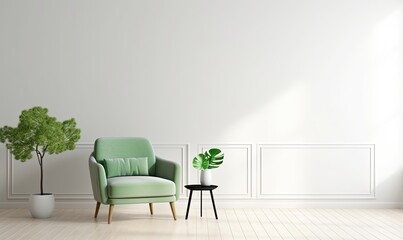 White minimalist interior living room has a green armchair on empty white color wall background, Generative AI