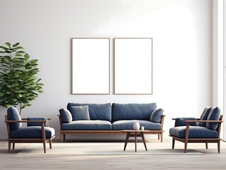 navy sofa and recliner chair in modern living room, 2 blank frames