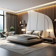 The interior of the master bedroom is luxurious. Modern curtains with high-end luxury, serene elegance and stylish contemporary design.