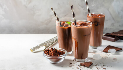 Summer refreshment drinks. Chilled iced chocolate cocoa. With scoop of chocolate ice cream, chocolate powder and ice. In glasses, with tubes for drinking. White concrete table. Copy space