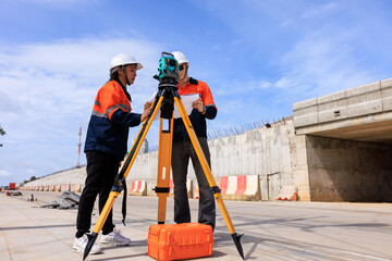 Engineer use theodolite equipment and looking blueprints construction project for route surveying...