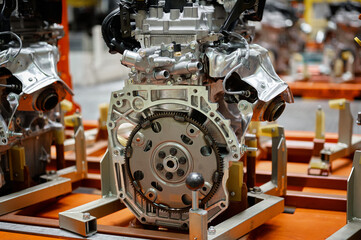 Fototapeta na wymiar Car engine in production and assembly passenger car workshop
