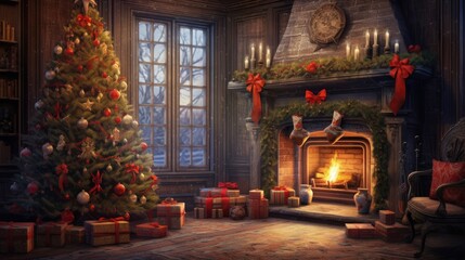 interior Christmas. magic glowing tree, fireplace, green red wrapping gifts