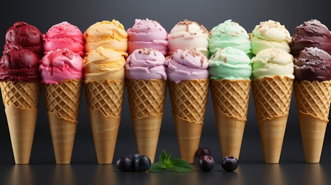 The scoop of ice cream is on top of a waffle cone. Many assorted different flavour Mockup template for artwork design