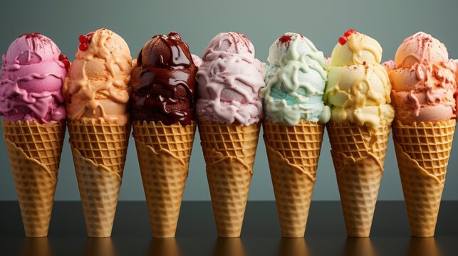 The scoop of ice cream is on top of a waffle cone. Many assorted different flavour Mockup template for artwork design