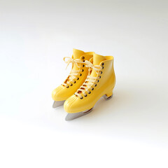 Yellow plastic ice skates with yellow laces on white background. Neat skates in winter barbie style. Picture of product or post