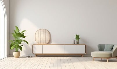Mock up white color wall in living room decor with a tv cabinet.3d rendering, Generative AI