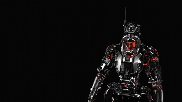 android robot salutes with a gesture, black background, 3d render