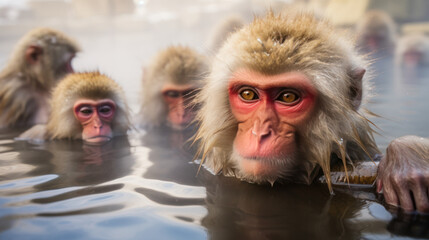 The monkey in the onsen with snowy