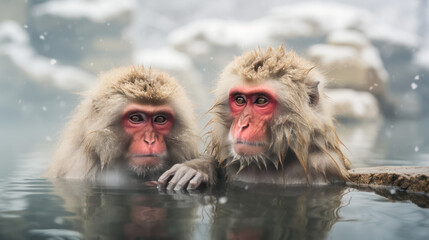 The monkey in the onsen with snowy