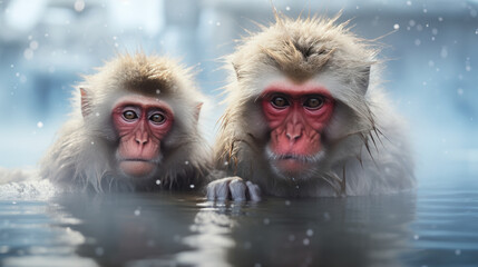 The monkey in the onsen with snowy