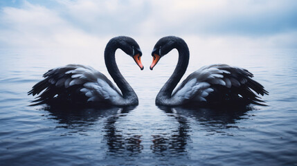 Two black swans moment of love in the lake