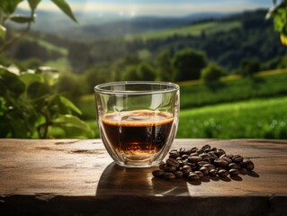 espresso coffee in clear glass with smoke on an old wooden table, the green field is the background