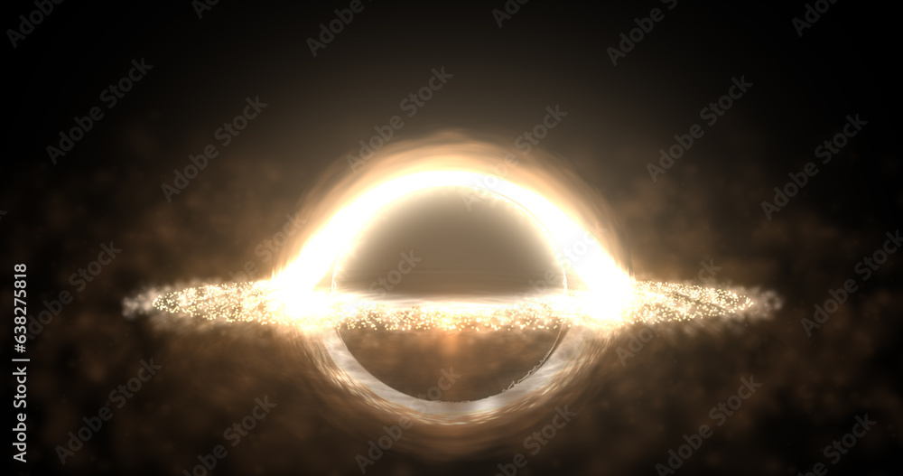 Poster bright black hole in open space with spinning energy particles, cosmic sphere in yellow color glowin