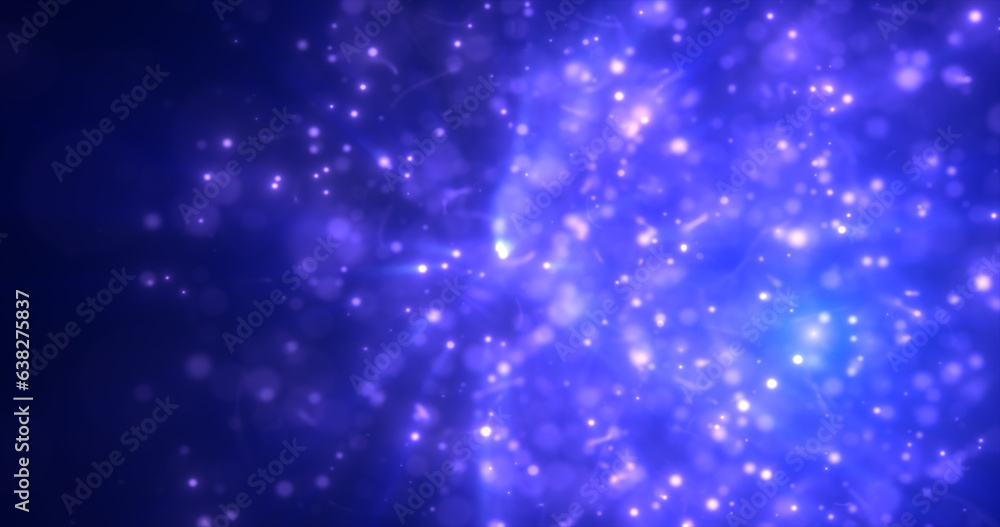Poster abstract blue energy particles and dots glowing flying sparks festive with bokeh effect and blur bac