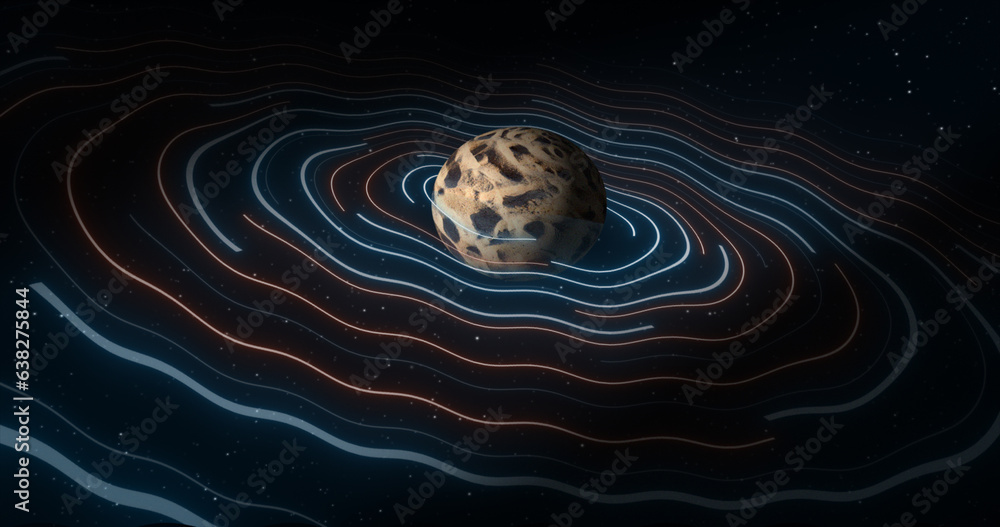 Poster abstract space planet with a round asteroid belt ring futuristic hi-tech on the background of stars 