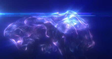 Abstract floating liquid from energetic blue particles glowing magical background