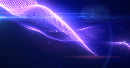 Purple glowing energy bright waves from small particles and lines abstract background