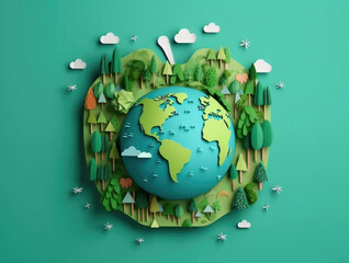 Banner of colorful map of the globe with green trees cut out of paper