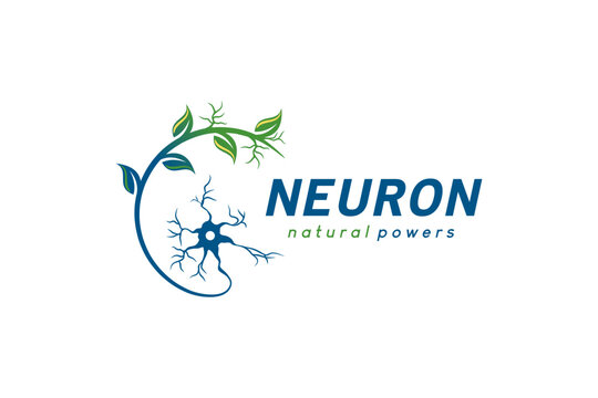 Neuron logo design, abstract natural leaf nerve cell vector illustration