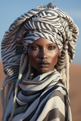 Beautiful tribal zebra warrior woman with a vibrant turban stands in the great outdoors, the brilliant sky a backdrop to her head wrap that exudes strength and beauty