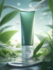 A droplet of water sparkles in the sun, carrying a tube of cream and flowers among its tiny bubbles and lush green leaves, creating a vibrant and tranquil outdoor scene