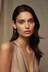 Naklejka premium A stunning woman poses confidently in fashionable clothing, her makeover complete with a bold lip, lush eyelashes and eyebrows, and a gorgeous hairstyle, her beauty captivating the viewer