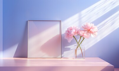 This picture captures the beauty of an indoor moment, as a rose's vibrant petals stand out against the wall, encased in a delicate vase and surrounded by the perfect frame of art