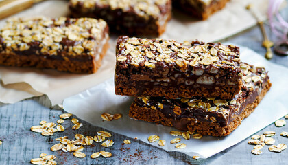 No-Cook Choco Oat Bars. style rustic. selective focus.