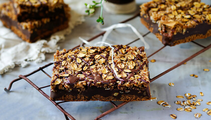 No-Cook Choco Oat Bars. style rustic. selective focus.