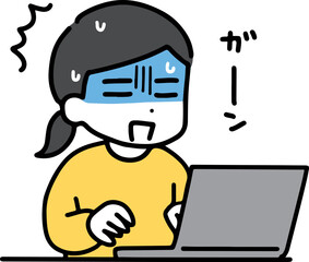 パソコンの前でショックを受けている私服の若い女性(上半身)