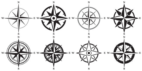 Monochrome navigational compass with cardinal directions of North, East, South, West. nautical chart. Geographical position, cartography and navigation.