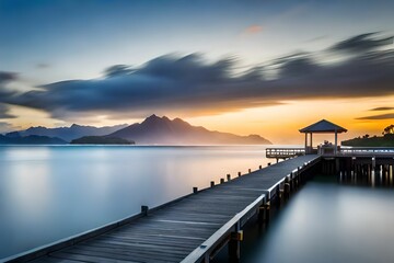 Obraz premium Scenic view of jetty over bay at sunset