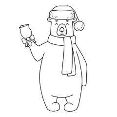 Cute bear in hat, scarf with Christmas bell. Funny outline illustration for coloring book