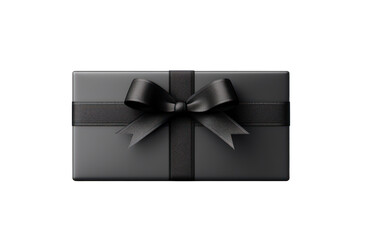 Black Friday Sale. Black gift box with ribbon bow isolated on white transparent, PNG, top view