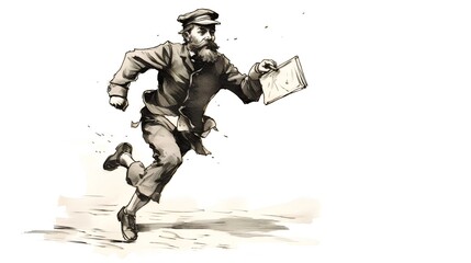 A vintage black and white illustration showcasing a postman clutching a letter in his hand, as he rushes to deliver it. The image captures the urgency and dedication of postal workers. Generative AI