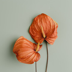 Minimal aesthetic floral still life with dried orange calla flowers close up on olive color...