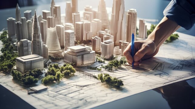 A hand sketching out a detailed blueprint for a sustainable, ecofriendly project. The blueprint features innovative designs that prioritize environmental conservation. Generative AI