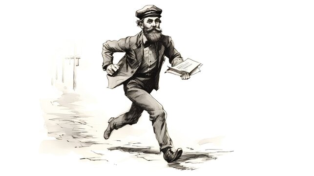 A vintage black and white illustration showcasing a postman clutching a letter in his hand, as he rushes to deliver it. The image captures the urgency and dedication of postal workers. Generative AI