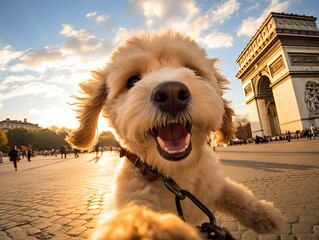 A cute dog smiles while taking a selfie in front of Arc de Triomphe - 638278254