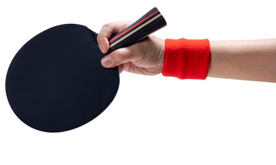 Sports equipment, Woman Hand holding Black ping pong racket on white background or Black table...
