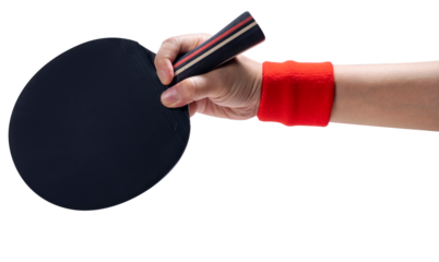 Sports equipment, Woman Hand holding Black ping pong racket on white background or Black table tennis racket isolate on white PNG File.