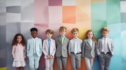 Fototapeta premium Portrait of successful creative business team looking at camera and smiling. Diverse business people standing together at startup. Group of young business boys and girls. Generative AI.