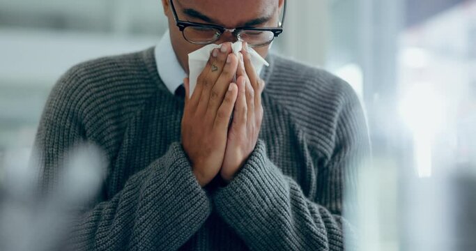 Sick business man, tissue and blowing nose for allergies, cold and virus in office. Employee, sneeze and infection of influenza, allergy bacteria and risk of health problem, sinusitis and hayfever