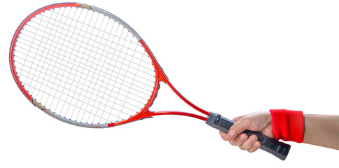 Sport equipment ,Woman Hand holding Red Tennis racket  isolated On White background PNG File.